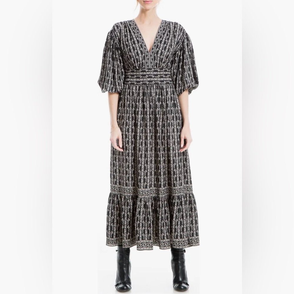 NWOT Max Studio Flat Crepe 3/4 Puff Sleeve, Deep V Neck Maxi Dress, Size Medium